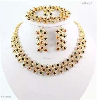 Brand New Fashion Unique Design 18K Gold Plated Colorful Crystal Statement Necklace Bracelet Earring Ring Wedding Jewelry sets