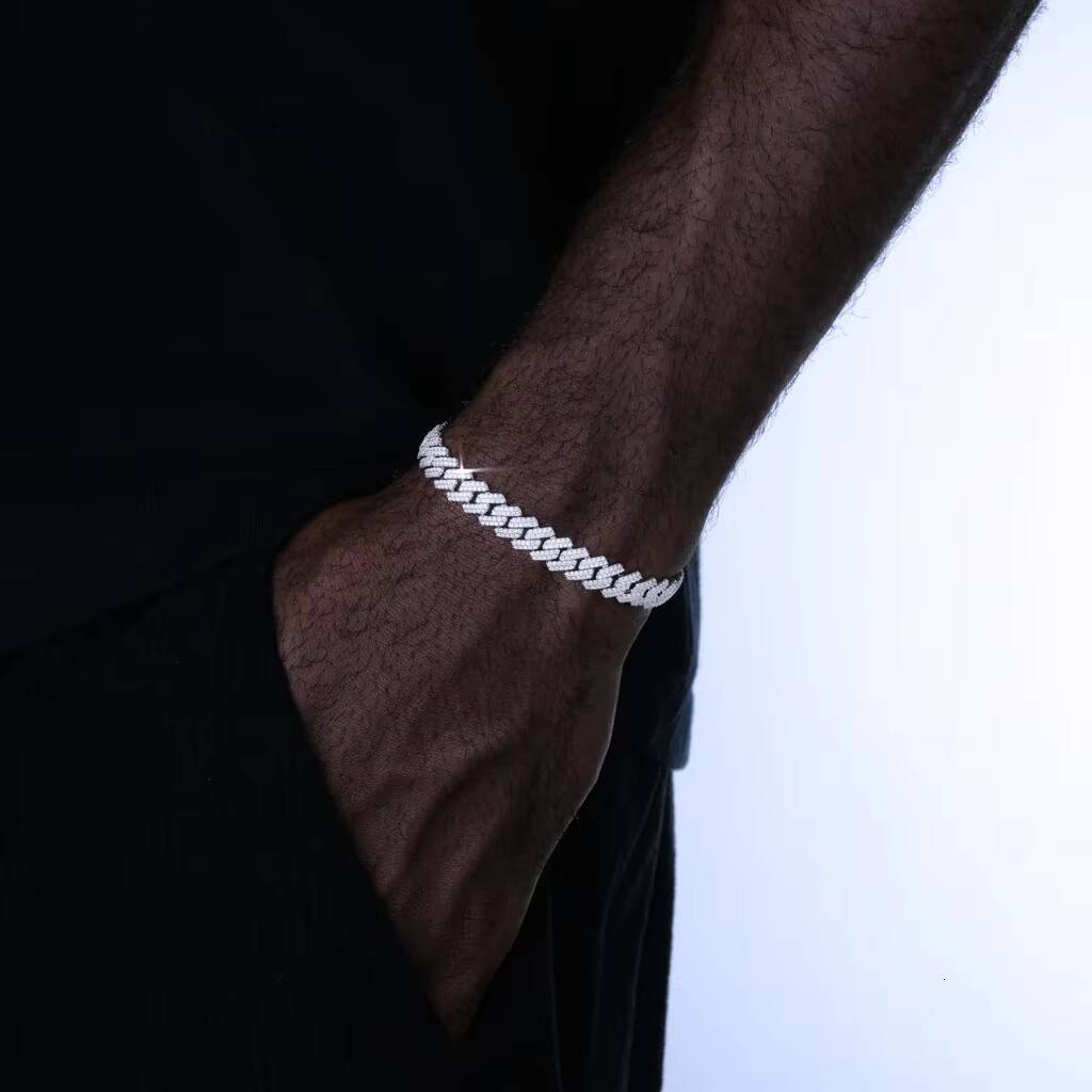Fine 925 Sterling Silver VVS Moissanite 10MM Prong Cuban Bracelet Rapper Men Jewelry Iced Moissanite Cuban Chain Bracelet