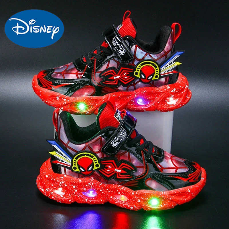 Disney Boy Spider Man sneakers Disney LED childrens sneakers student shoes fashionable anti slip childrens outdoor shoes Pu leather shoesXJ250416
