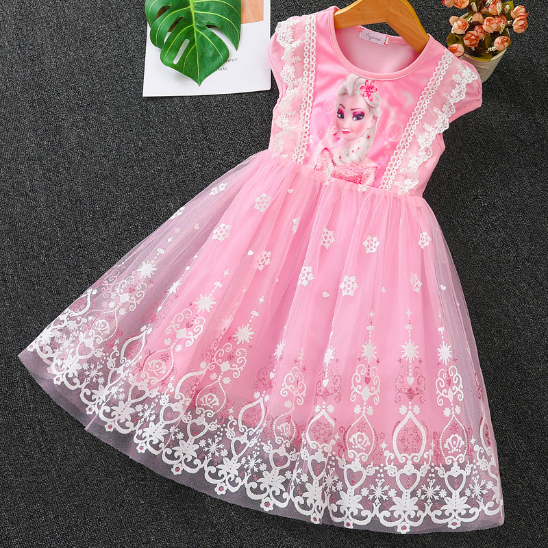 DISNEY kids designer short-sleeved dress baby girls spring and summer children's clothing Elsa's princess dress in summer.