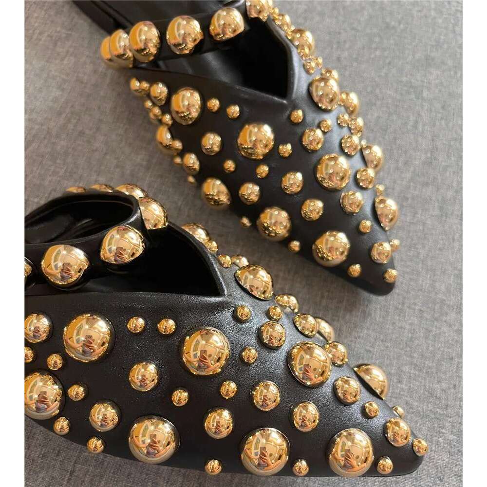Punk Slippers for Women Rivets Studded Pointed Toe Summer Gladiator Sandals Flat Beach Shoes Female Slides Outside Mules