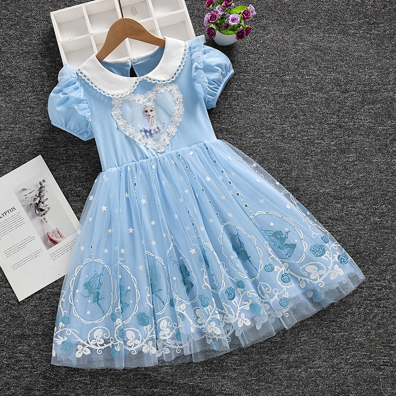 DISNEY Baby clothes kids designer clothes Summer short-sleeved cotton lace Elsa dress for Frozen birthday dress Comfortable and soft.