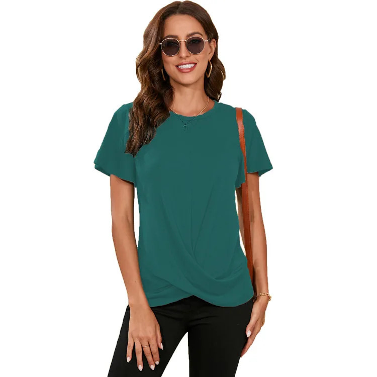 Womens Summer Top Round Neck Solid Color Twisted Short Sleeve T-shirt Womens Soft Comfort T-shirt Womens Clothing 250410