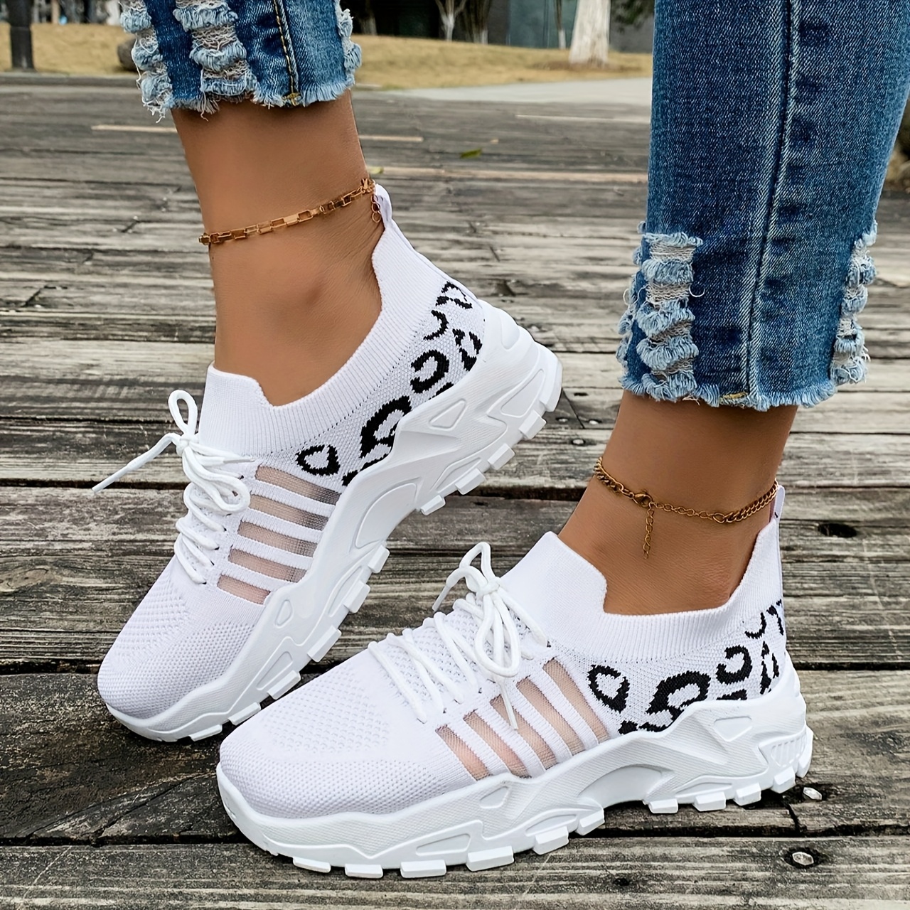Women's Casual Athletic Sneakers Breathable Mesh Leopard Print, Lightweight Lace Up Running Shoes