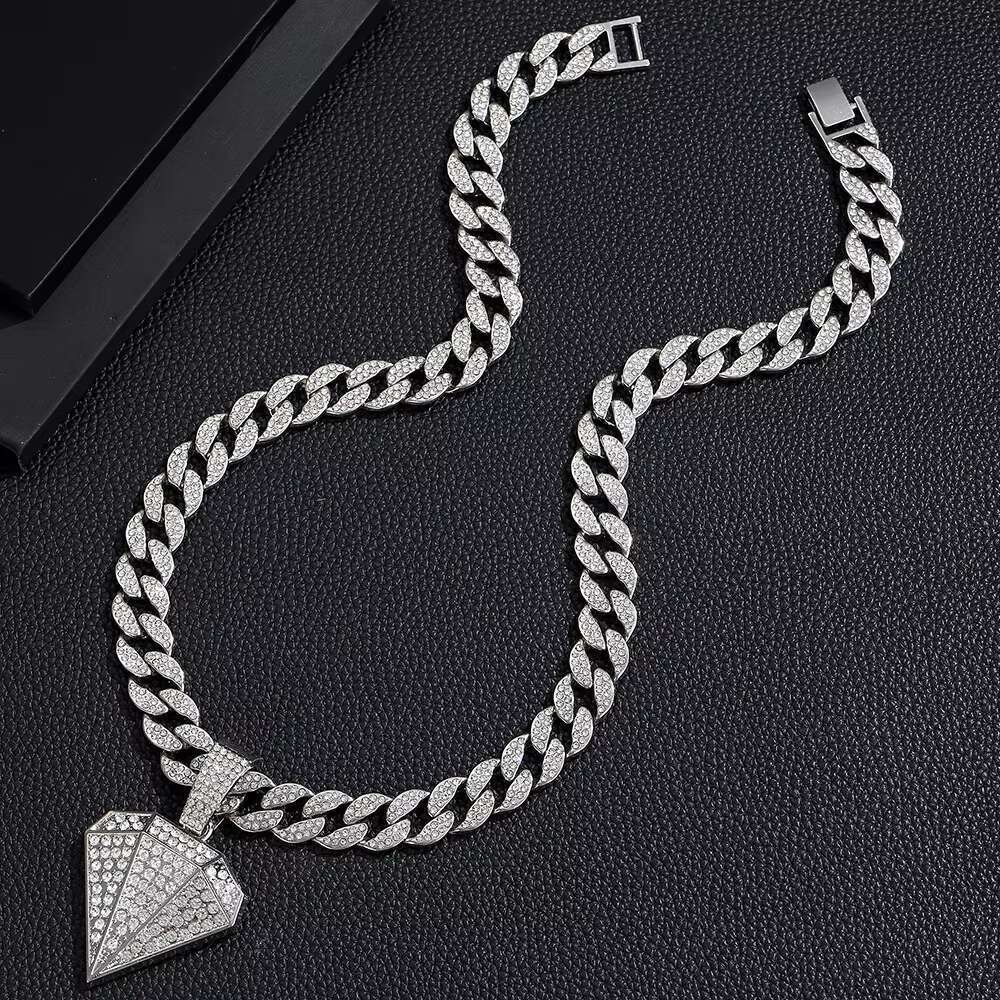 DHCollections Dia Shape Pendant Necklace Iced Out Cuban Chain 15MM Hip Hop Bling Jewellery for Men Women Gold Sier Color 18 Inch 1 Piece