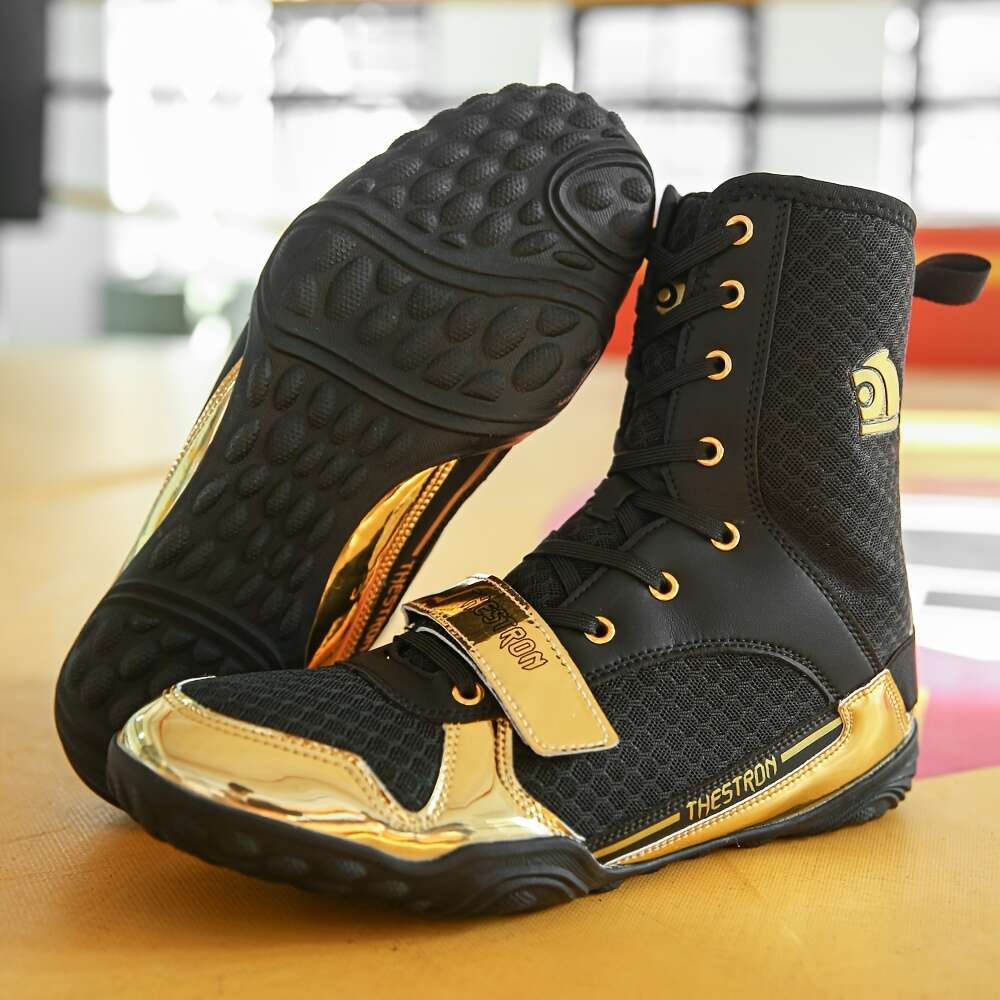 Men Boxing Martial Arts Training Shoes, Lightweight, Non Slip, High Top Design, Solid Color, All Season, With PU Upper, Inner, Rubber Sole