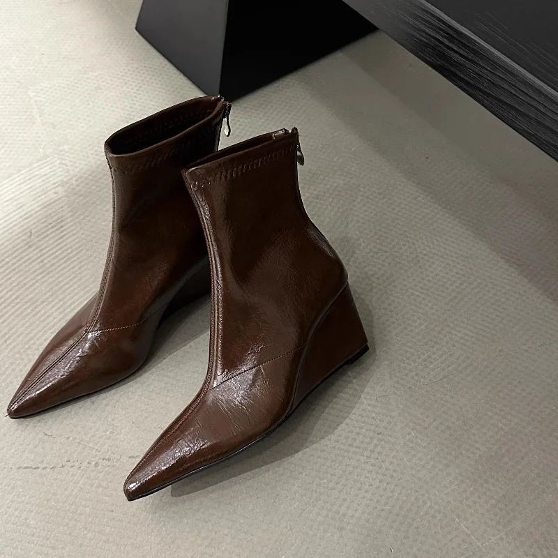Womens Patent Leather Wedge Ankle Boots Elegant Pointed Toe Footwear Fashion Wedges Heel Party Ladies Pumps Zapatos Mujer 251114 - view 5