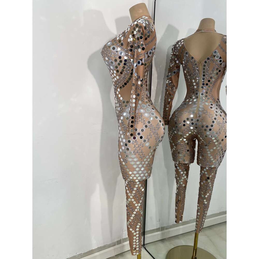 Women Sexy Spandex Tight Jumpsuit Long Sleeve Mirrors Cosplay Costume Nightclub Dancer Outfit Performance Stage Wear