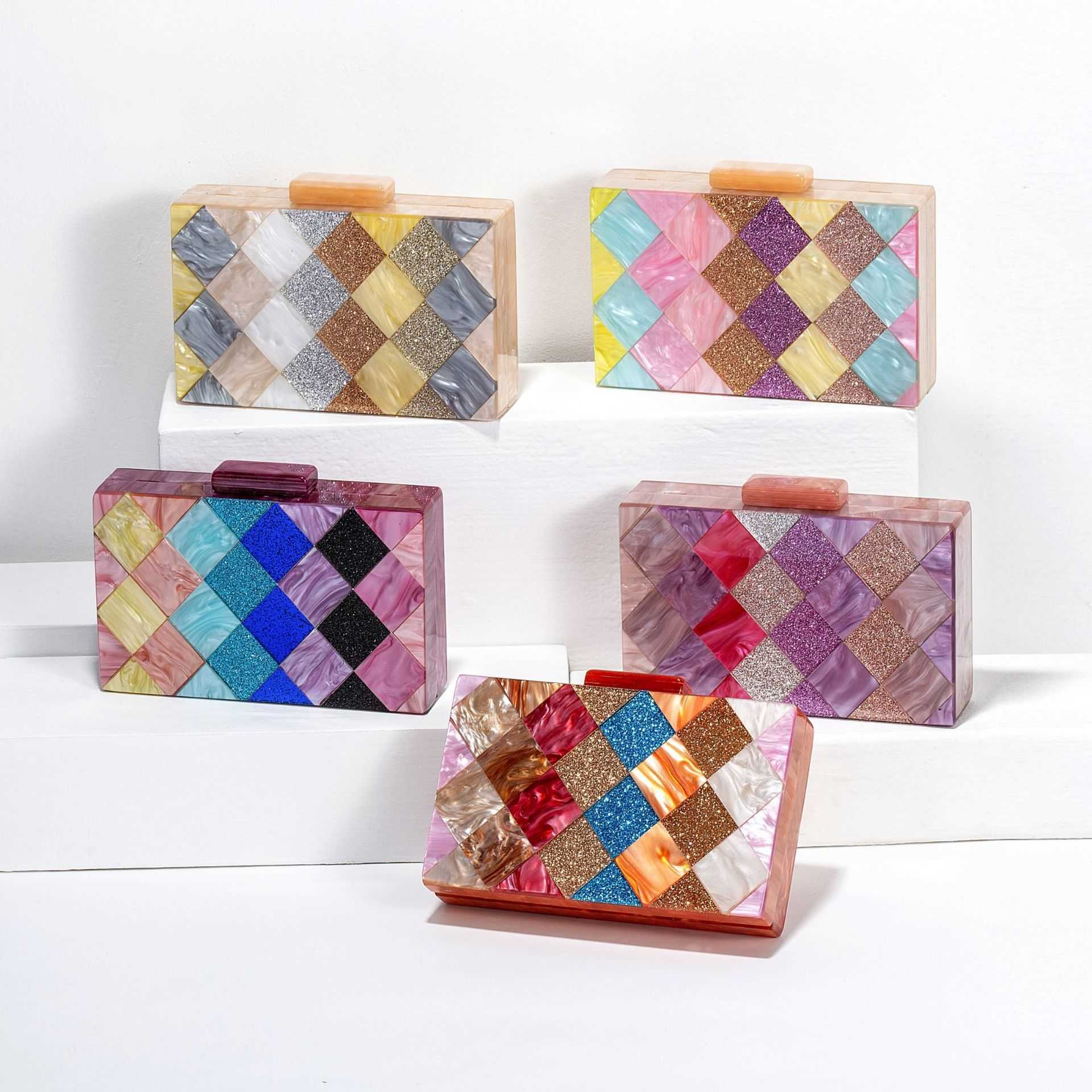Womens Contrast Colored Spliced Acrylic Dinner Bag Single Shoulder Oblique Cross Wedding Banquet Handbag