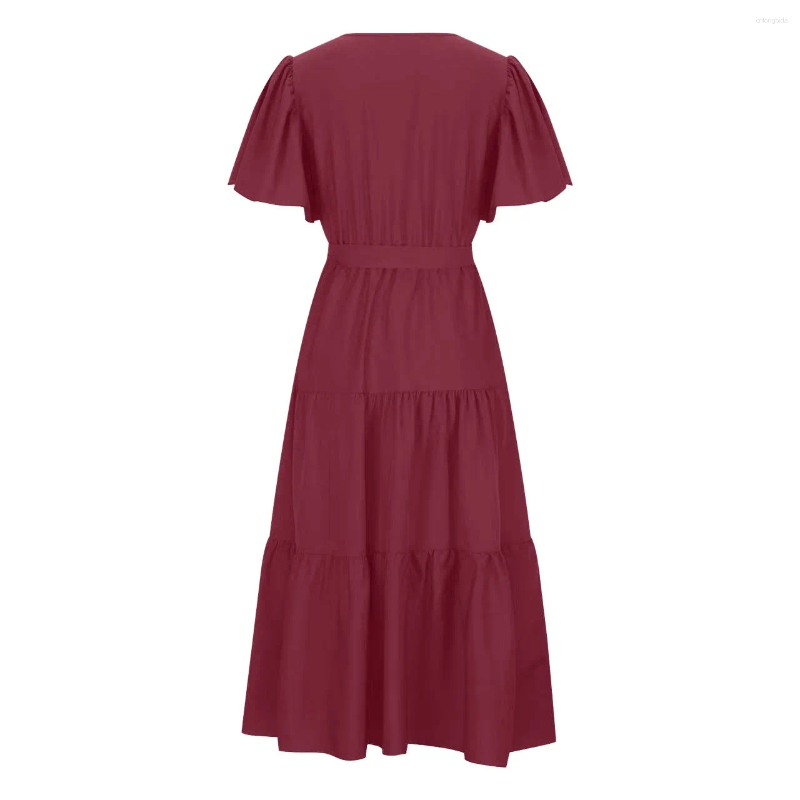 CNLONGBIDA Casual Dresses For Women 2025 V Neck Commuting Printed Short Sleeved Waist Long Skirt Bohemian Dress Ropa Para Mujer