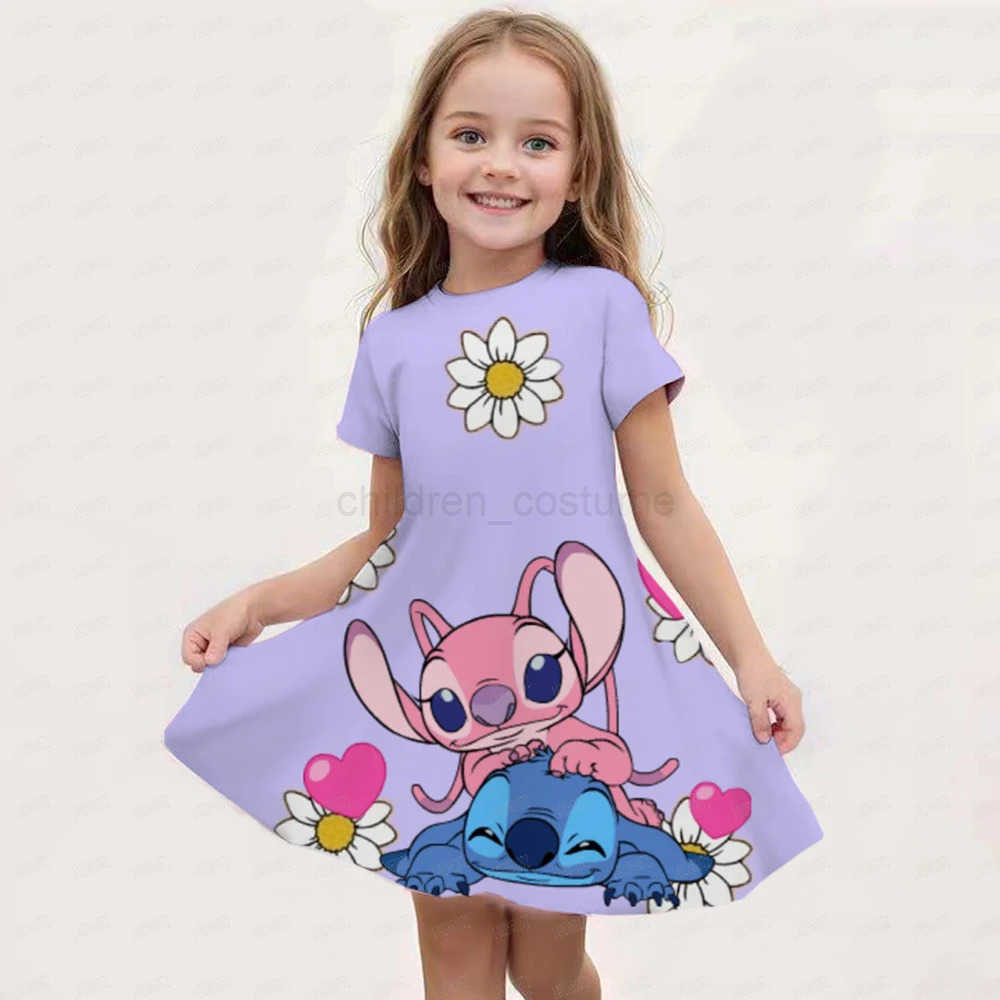 Disney Summer Disney Stitch And Angel Dress For Girls Women Short Sleeve Costume Princess Party Dresses Children Skirt Toddler Clothes W20250416