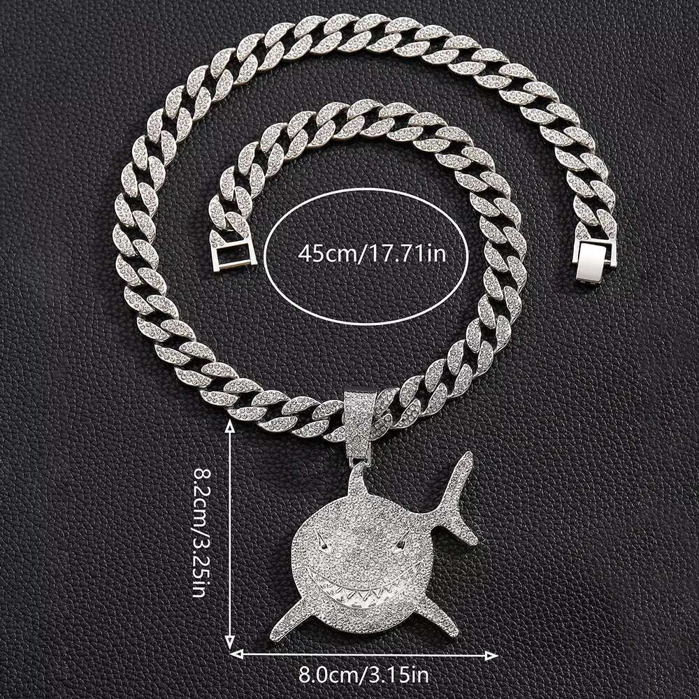 DHCollections Hip Hop Shark Pendant Necklace with 15mm Iced Out Cuban Link Chain Bling Alloy Accessory for Men Women 18-20 Inch 1 Piece