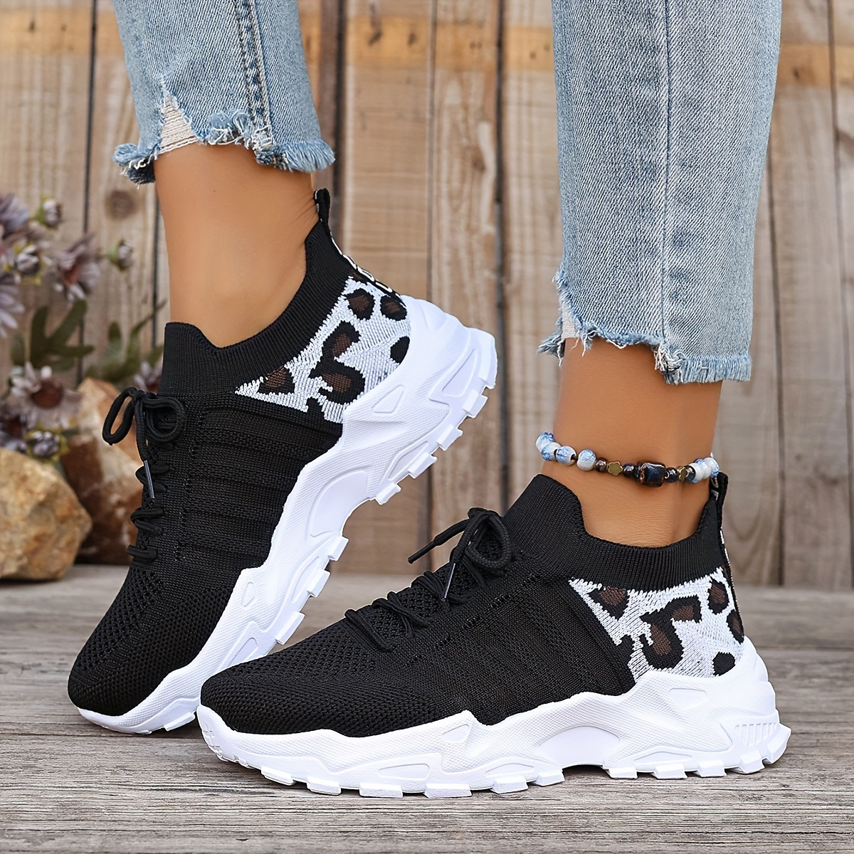 Women's Plus Size Breathable Knit Sneakers Leopard Print Striped Detail, LaceUp Running Shoes with Comfortable Platform Sole