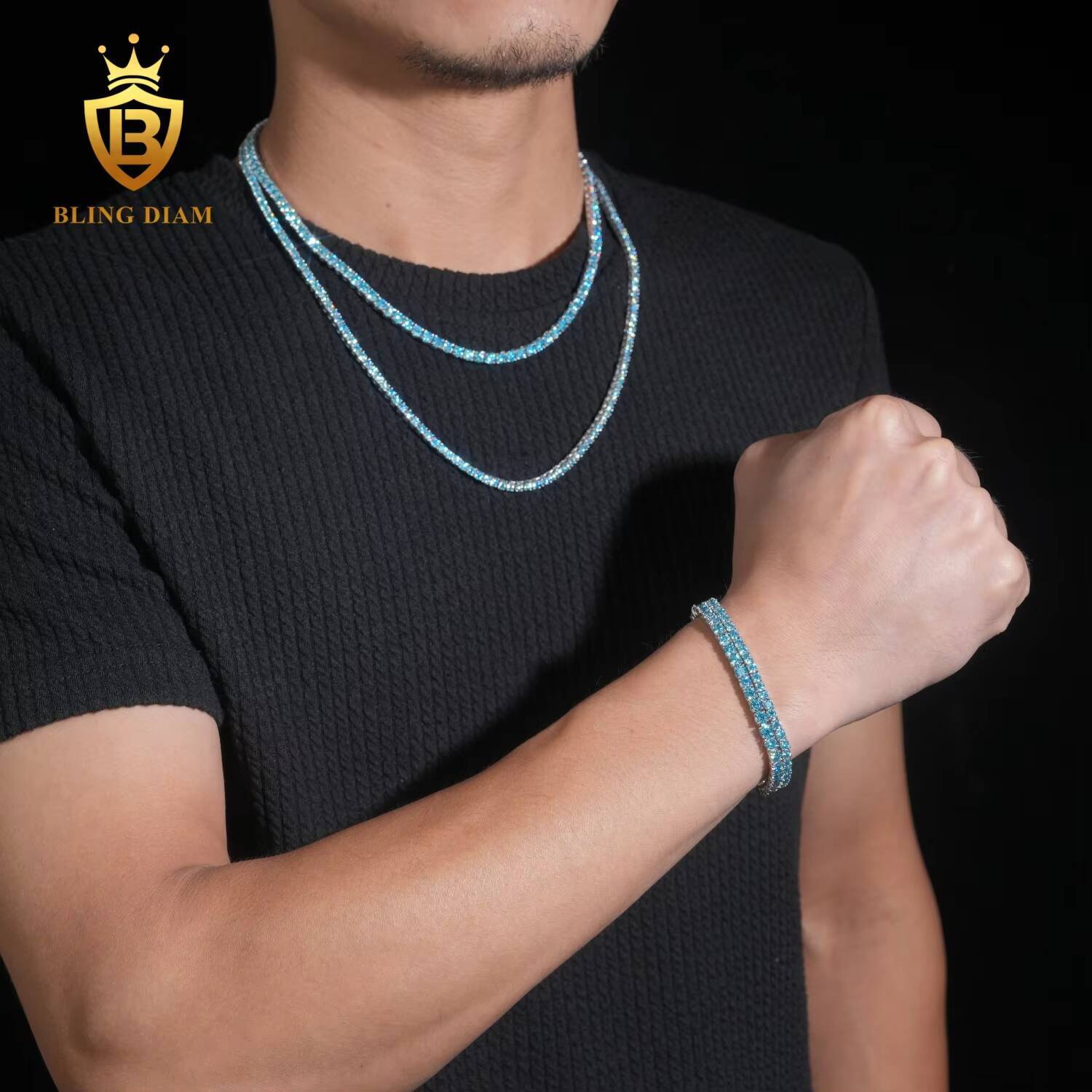 High Quality 925 Sterling Silver Iced Out Hip Hop Jewelry Sea Blue Moissanite 3mm 4mm 5mm Tennis Chain Necklace