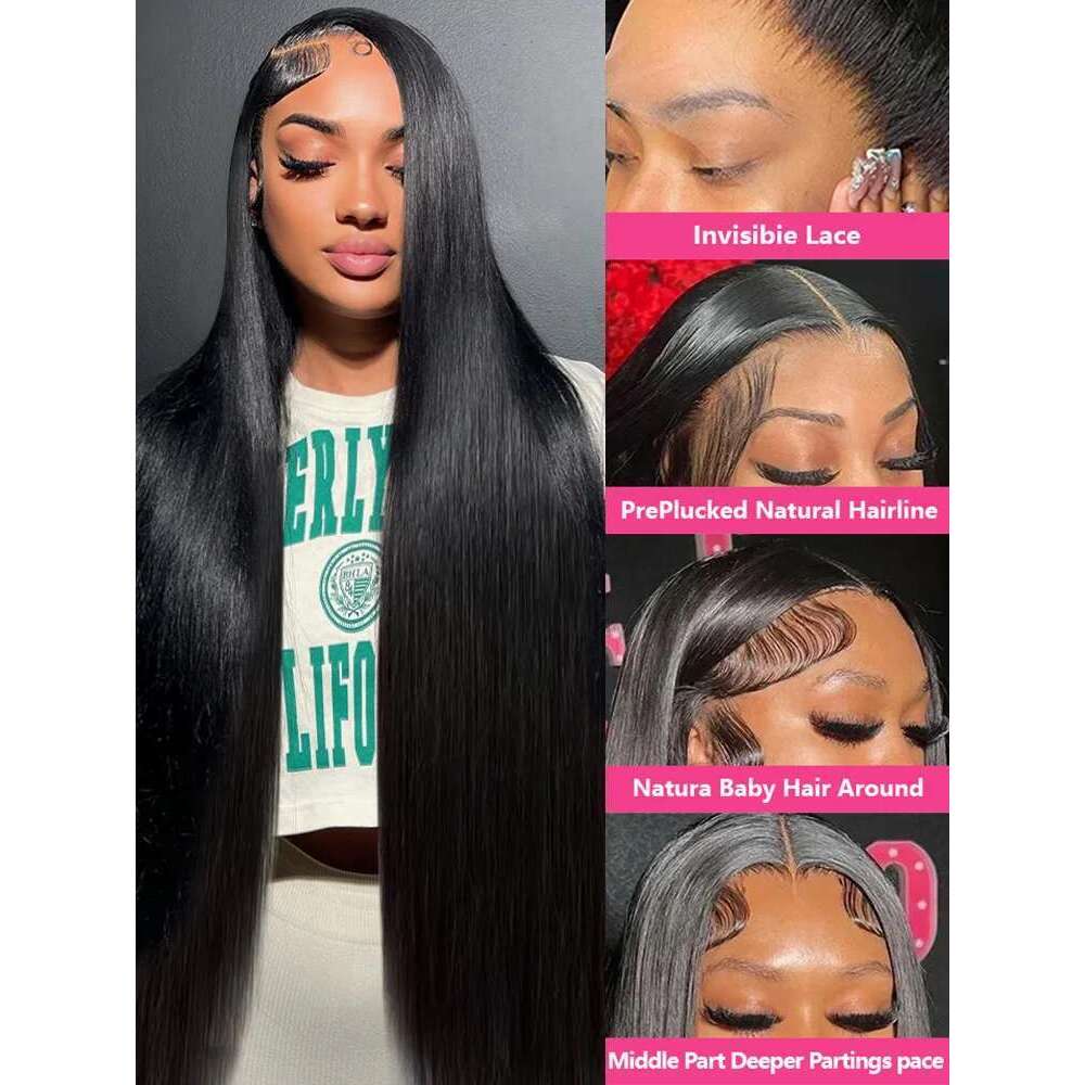 250 Density 30 40 Inch Bone Straight 13X6 HD Frontal Wig Black Human Hair 13X4 Lace Front Wigs 5X5 Glueless Closure Wear Go
