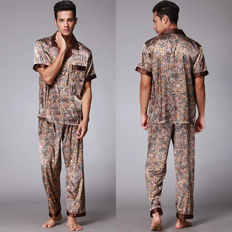 Ice Silk Robe Mens Casual Home Clothing Printed Shirts and Pants Summer and Autumn Collection Bathroom Loose Pocket Evening Dress Lounge 250409