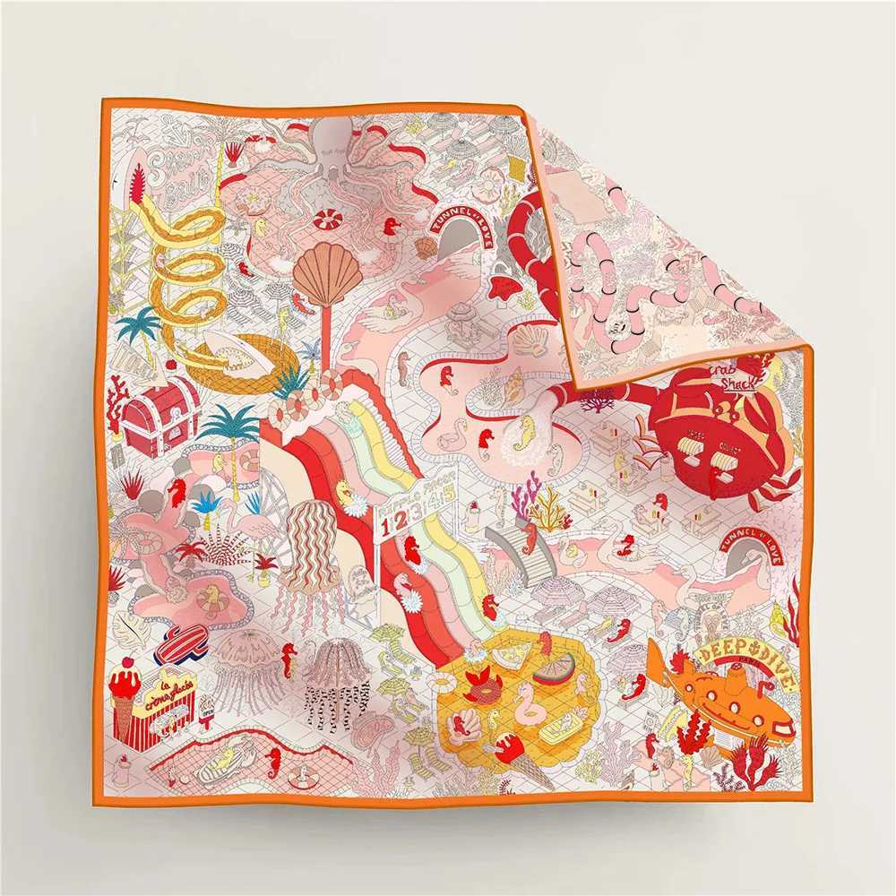 90cm high-quality twill silk double-sided printing submarine amusement park womens large square scarf chest packaging scarf S25415