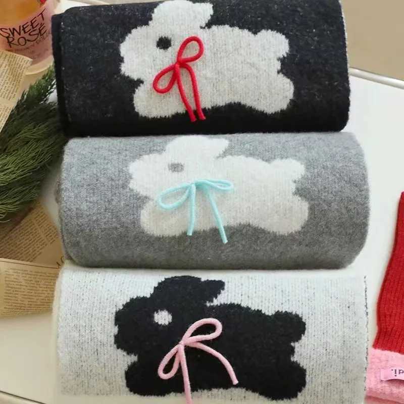 Luxury Winter warm scarf for women sweet cool rabbit handmade bow winter knitted wool imitation cashmere scarf solid color cartoon Y251115
