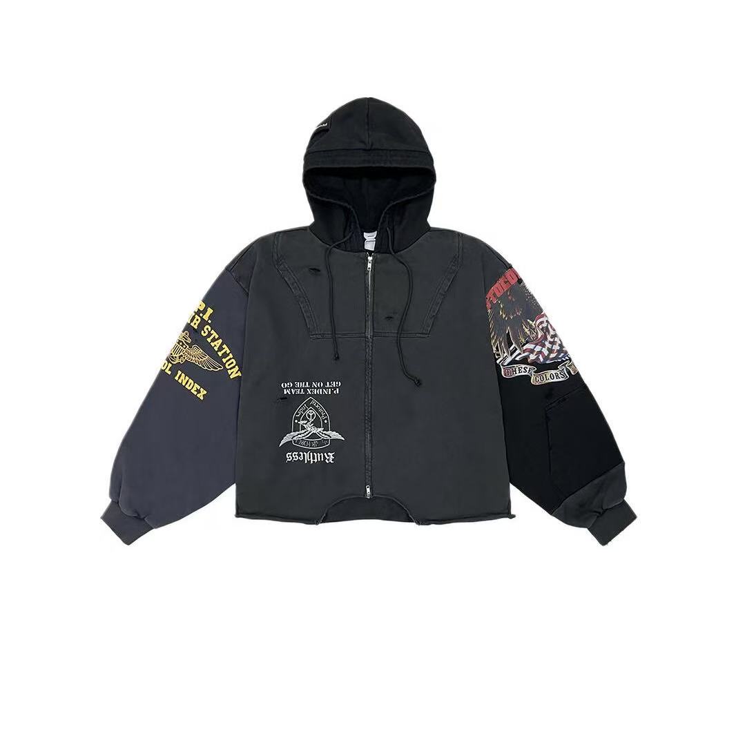 Patchwork Damaged Hole Zip Up Cardigan Coat Men Women