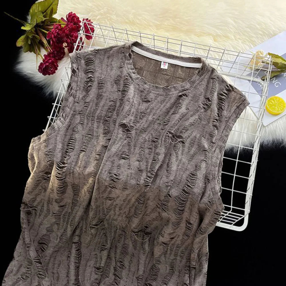 Mens Street Y2k Hole Worn Casual Vest Genderless Summer Niche Personality Versatile Dark Style Hiphop Tank Top Unisex 250415