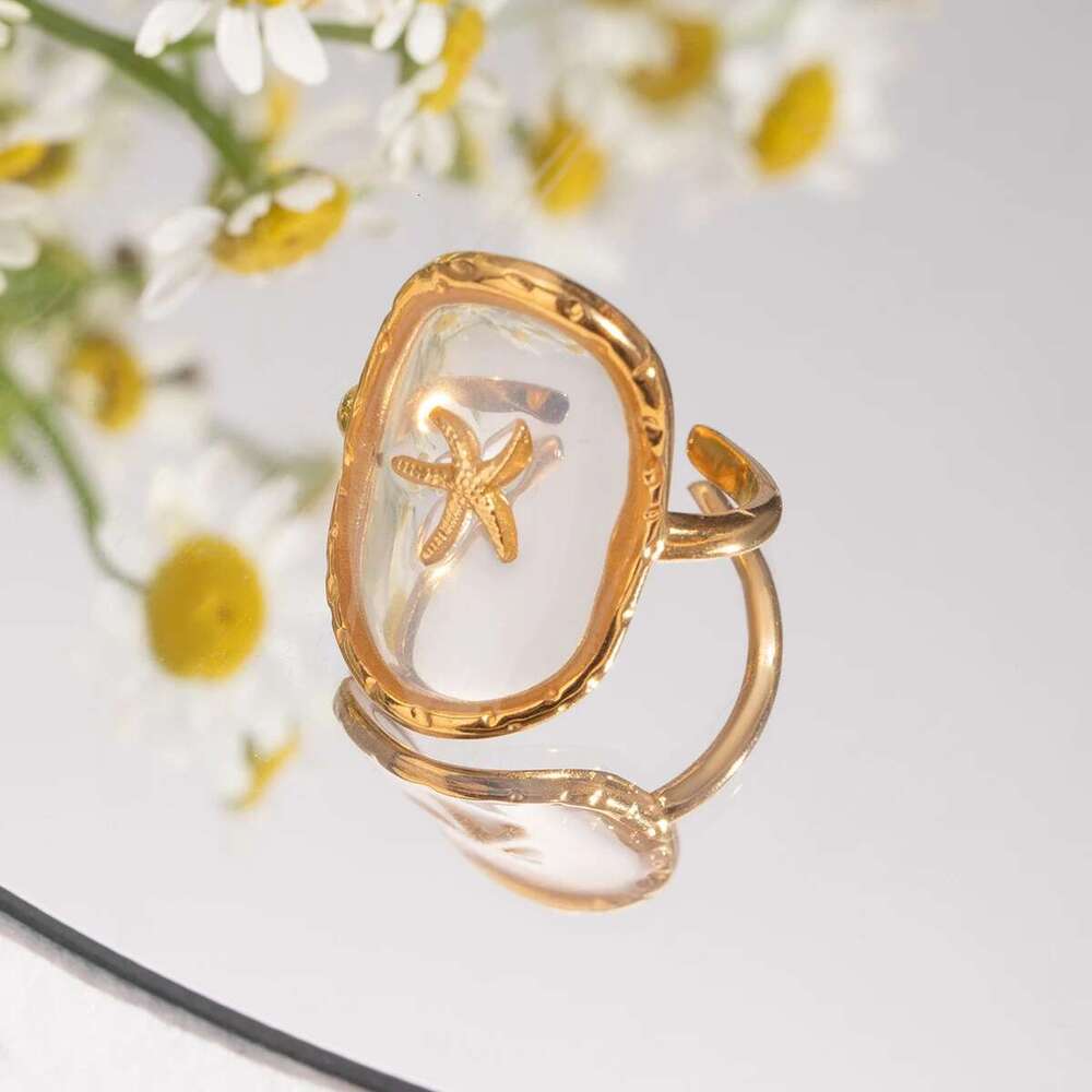 Oval Starfish Gold Plated Stainless Steel Hammer Pattern Ocean Wind Open Ring Women Anti Allergic Charm Daily Jewelry