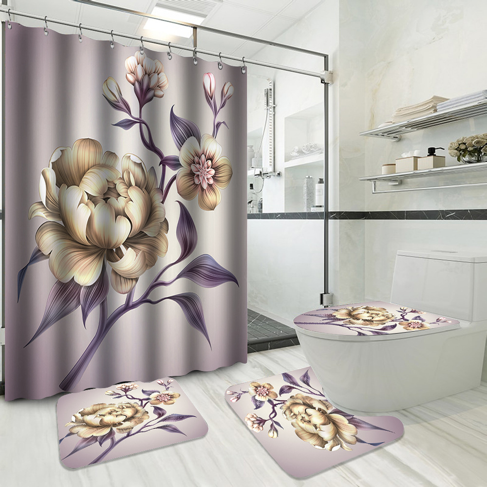 YL-37722 Hot Selling Shower Curtain 4-Piece Set, Green Plant Series, Waterproof and Mildew-Proof Shower Curtain, No Drilling Required