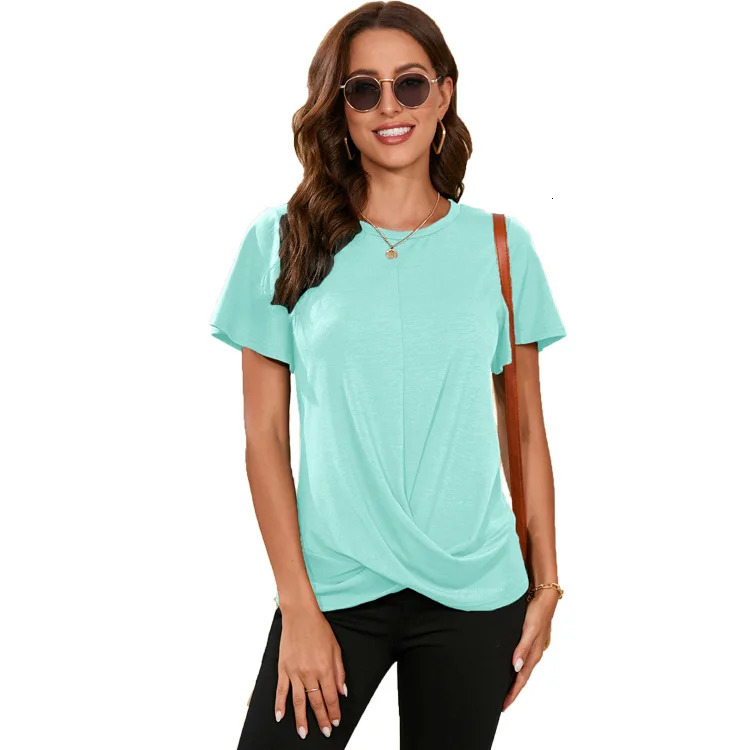 Womens Summer Top Round Neck Solid Color Twisted Short Sleeve T-shirt Womens Soft Comfort T-shirt Womens Clothing 250410