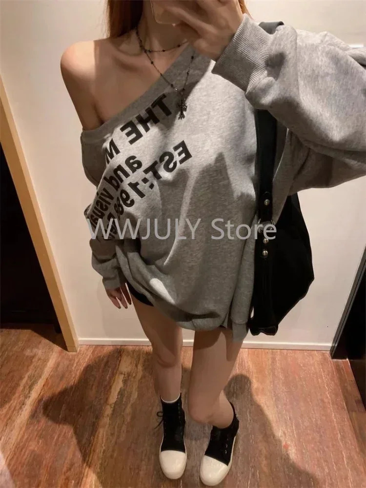Woman American Vinrage Grey Street Sweatshirt Y2k Letter Printing Long Sleeve Casual Warm Oversize Baggy Ladeies Tops Autumn 250415