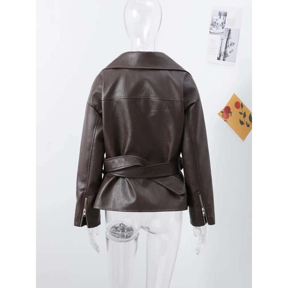 Designer Clothes High Street Leather Chaqueta De Lapel Full Sleeves With Belt Zippers Crop PU Jackets Female 2025 Spring Summer Casual Lady Coat