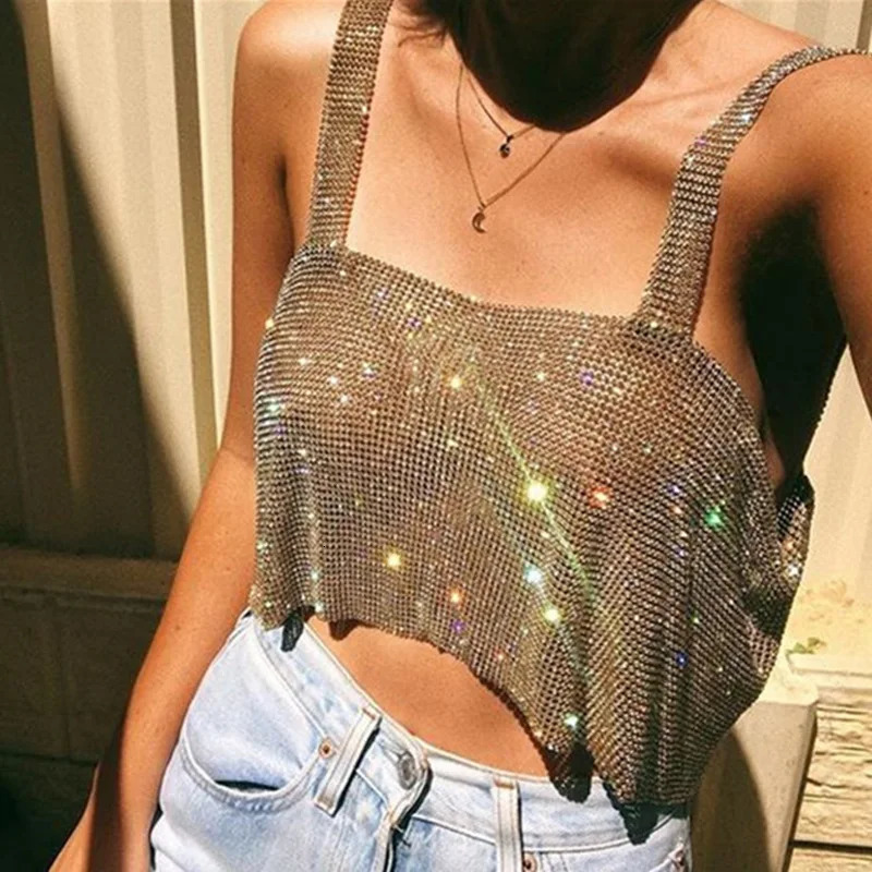 Shiny Rhinestone Party Crop Tops For Women Full Diamonds Sequins Camisole Sexy Backless Sling Rave Nightclub Tank Top 250415