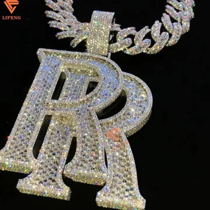 Hip Hop Double R Letter Baguette Diamond Vvs Moissanite 925 Silver Personalized Necklace Iced Out Custom Jewelry Chain Pendant