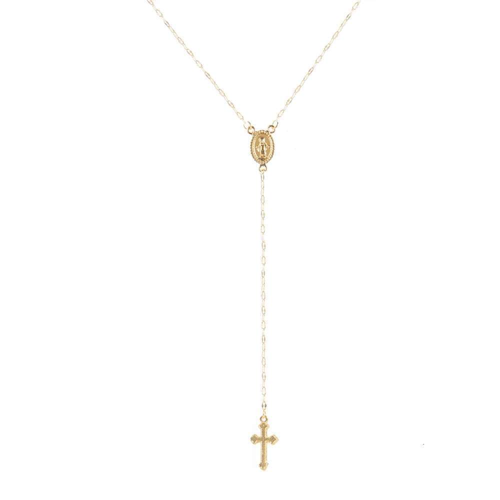 Virgin Mary Metal Necklaces with Cross Pendant Gold and Sier Color Prayer Collar Long Sweater Chain Necklace for Women Men
