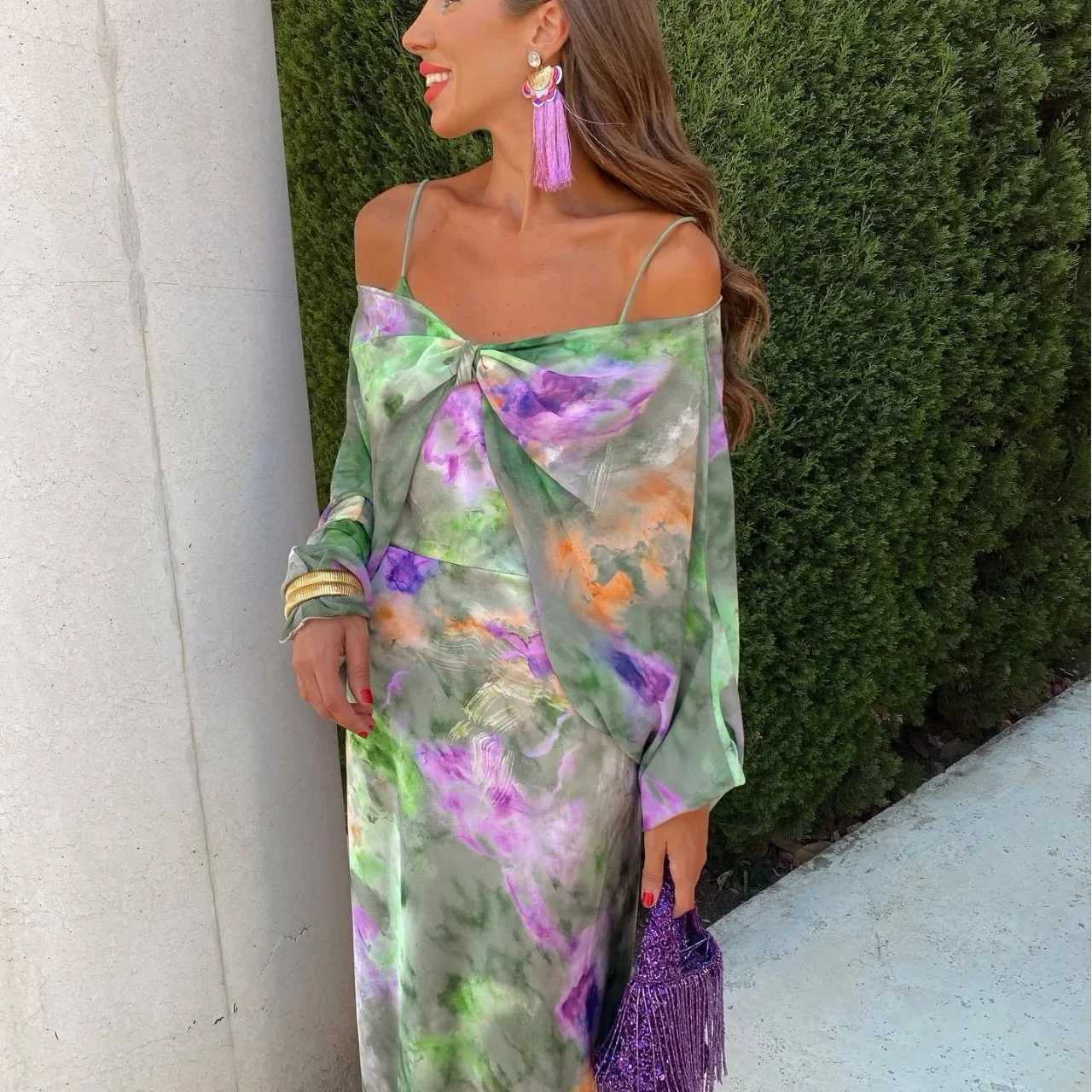Elegant floral polyester womens shoulder strap dress beach high-end vacation set autumn long sleeved casual chic styleXJ250416