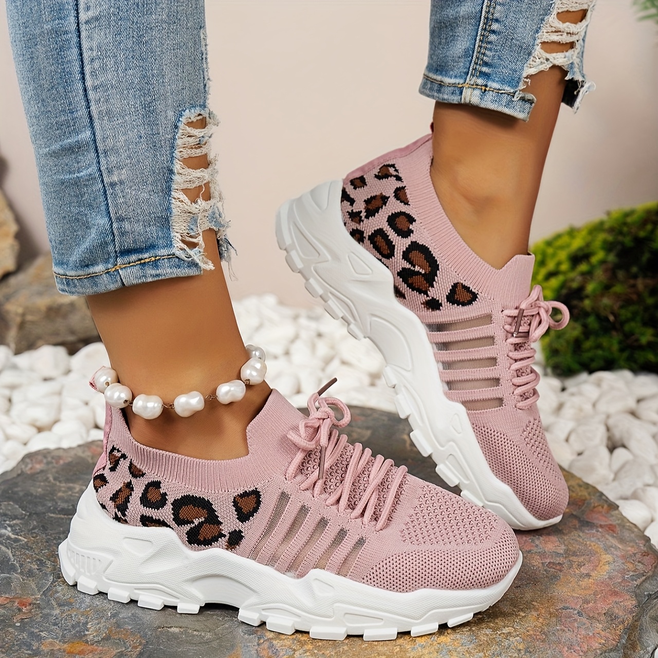 Women's Casual Athletic Sneakers Breathable Mesh Leopard Print, Lightweight Lace Up Running Shoes