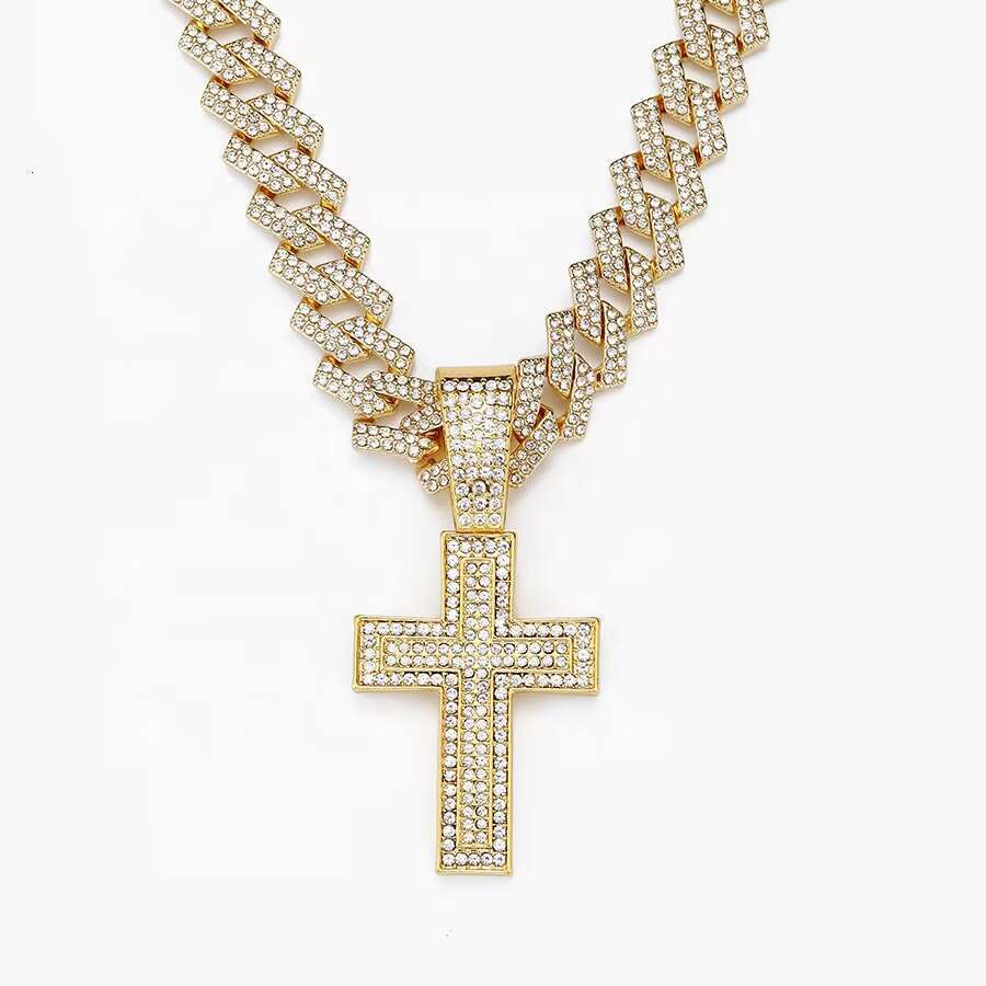 DHcollection NEW 15mm Width Iced Out Miami Chain With Hip Hop Alloy and Rhie Double Cross Pendant Necklace