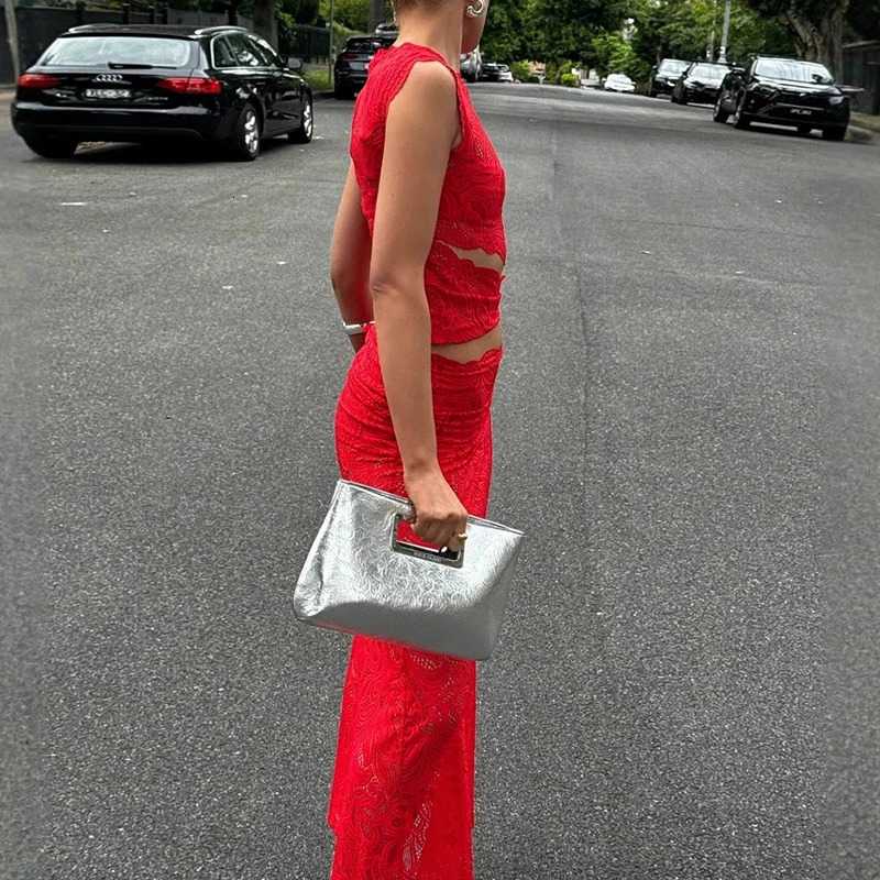 Red Sexy Hook Flower Hollow Lace Set Two Piece Crew Neck Crop Top and Fishtail Skirt Woman Outfit Spring Summer Slim Ladies Suit 250415