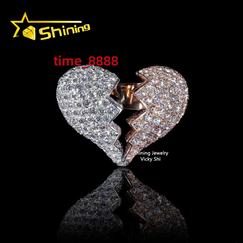 New Iced Out Design Heart Ring Custom Rapper Jewelry Hip Hop Ring 925 Sterling Silver VVS Moissanite Broken Heart Ring