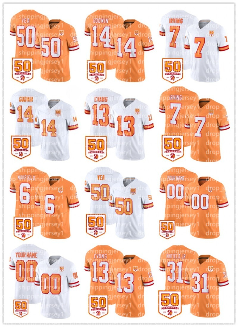 NFL Buccaneer 50th Anniversary Patch Football Stitched Jersey 50 Vita Vea 13 Mike Evans 14 Chris Godwin 6 Baker Mayfield 7 Bucky Irving 31 Antoine Winfield Jr.