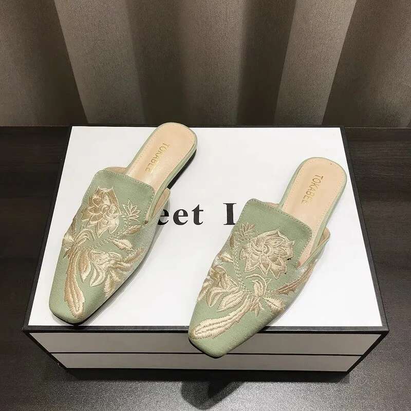 Women's Mules Slippers Summer Footwear Flats Retro Chinese Style wers Elegant Dress Low Heel Sandals Designer Slides on sales