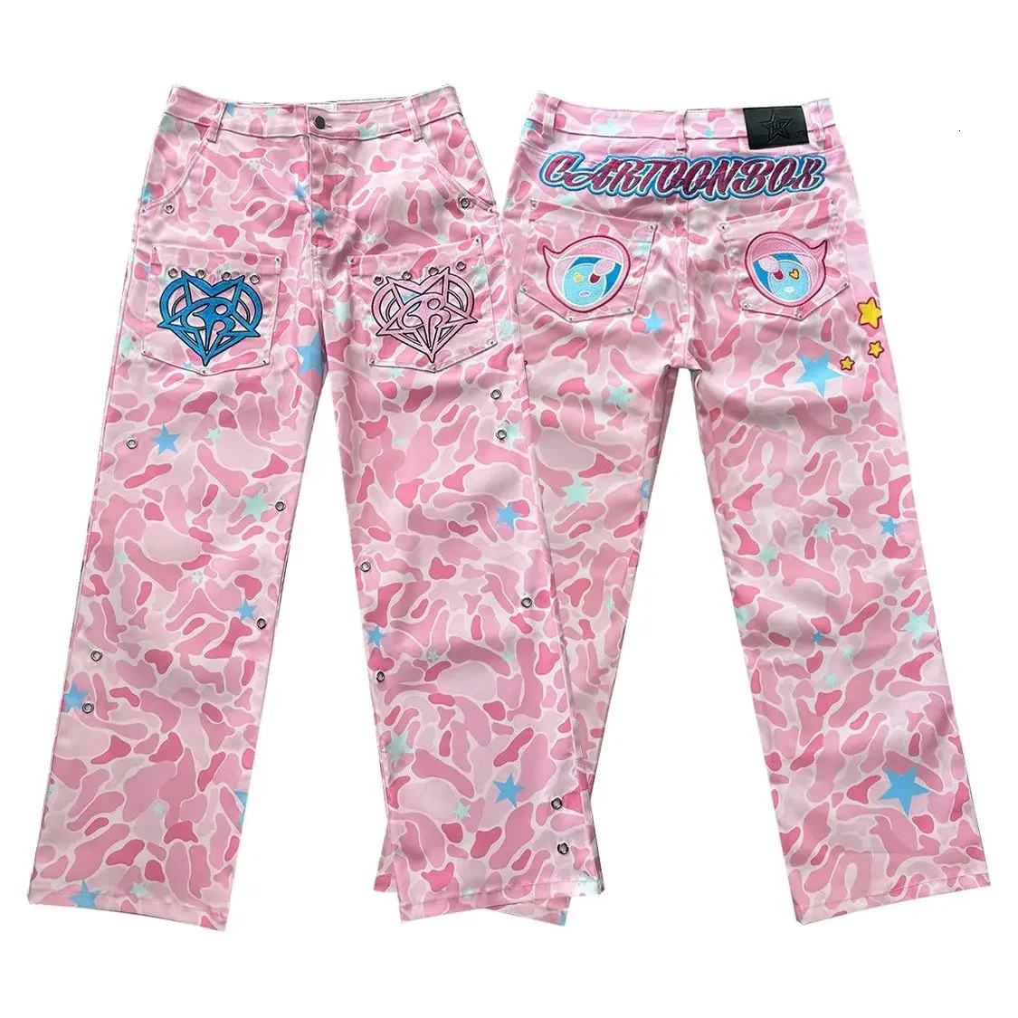Sense Heavy Craftsmanship Pink Camouflage Embroidered Jeans Men Street Hip Hop Unisex Straight Wide Leg Pants 250415