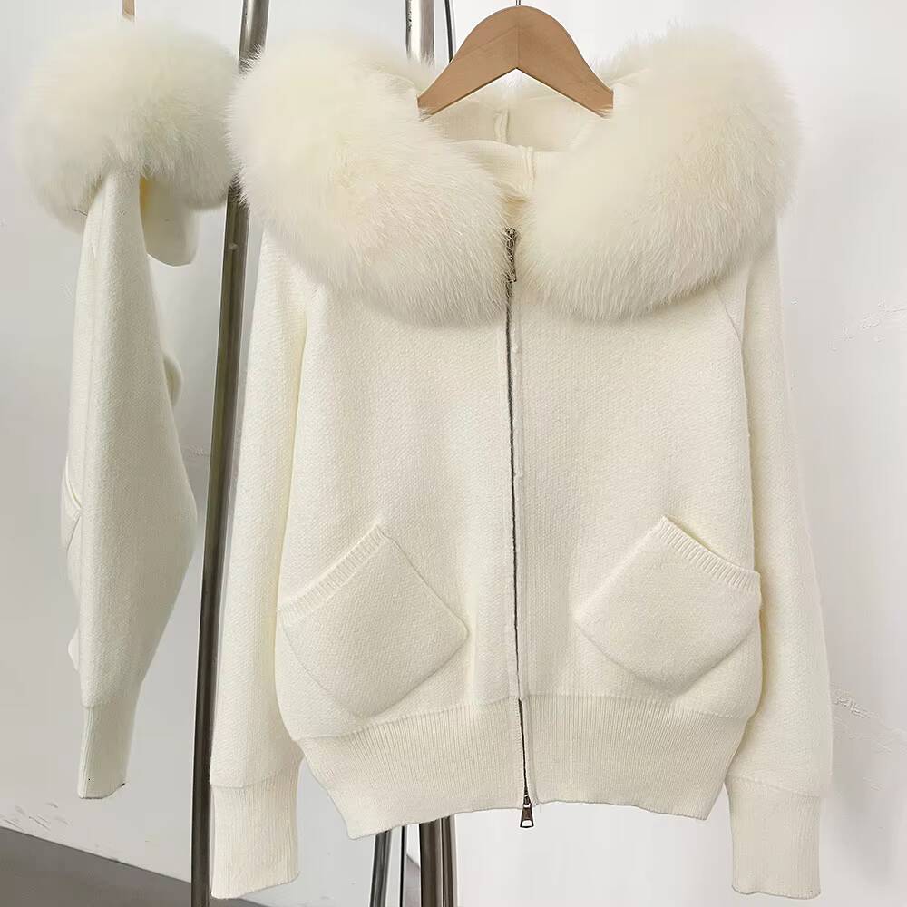 Autumn Winter Women Zipper Long Sleeve Knit Cardigan Coat Tops Hooded Detachable Big Real Fox Fur Collar Luxury Female Sweater