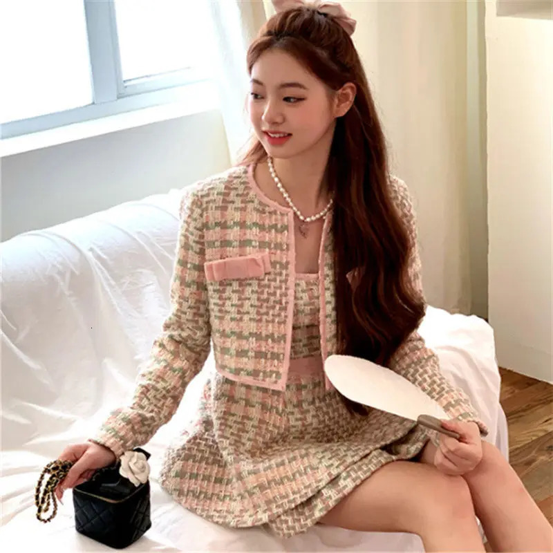 Spring Small Fragrant Style Suit Pink Tweed Short CoatSuspender Dress Set Sweet Girl Fashion Two Piece Sets Women Outfits 251113