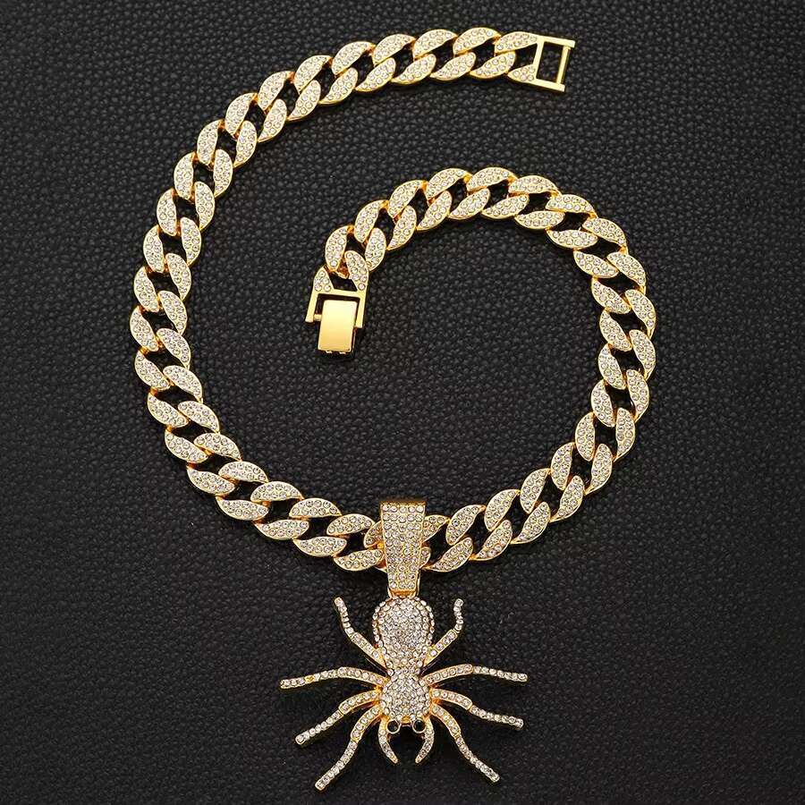 DHCollections Spider Pendant Necklace with Iced Out Cuban Link Chain Hip Hop Bling Alloy Accessory for Men Women 18 Inch 1 Piece