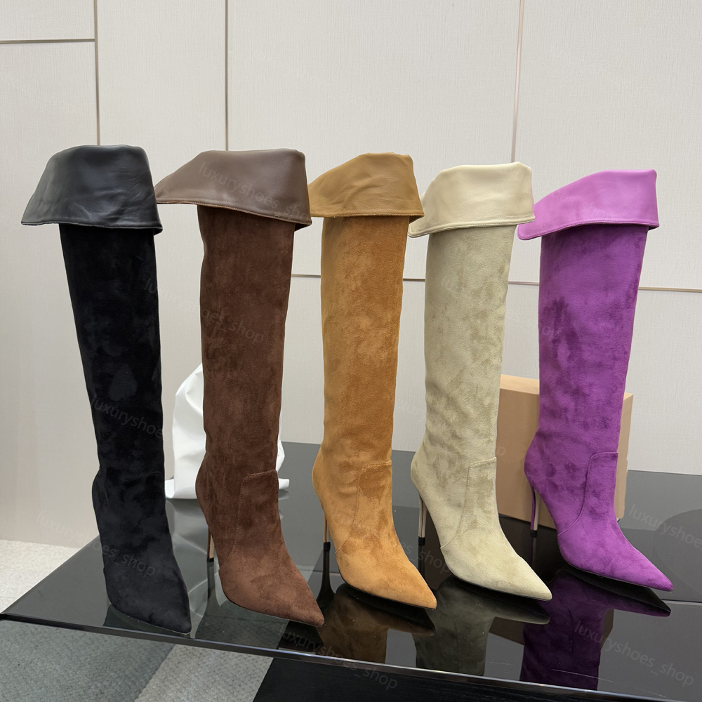 Boots Knee-high suede Boots pointed toe Leather outsole Slip-On Knee Boots fashion stretch 95 mm stiletto heel Boot for women luxury designer shoes 35-41