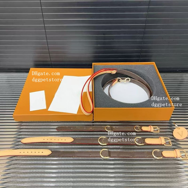 Designer Dog Collar Leash set Luxury Dog Gift Classic Letter Collar, Fashion Dog Chain, Soft Leather Collars with Leather Charm for Small Dogs to go Shopping Brown L B269