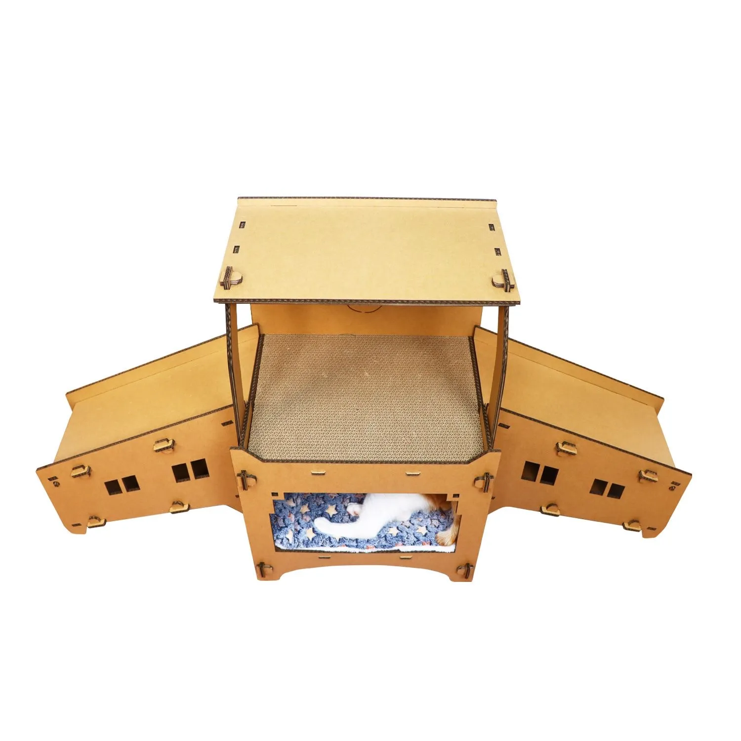 Cardboard Cat House Castle Playground, Multi-Level Cat Hideout Scratcher with Detachable Hanging and Spring Toys
