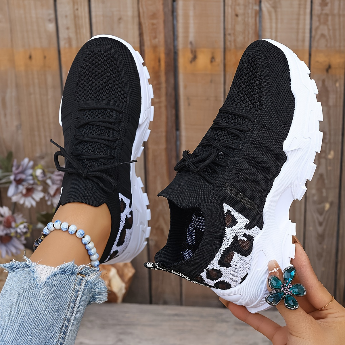 Women's Plus Size Breathable Knit Sneakers Leopard Print Striped Detail, LaceUp Running Shoes with Comfortable Platform Sole