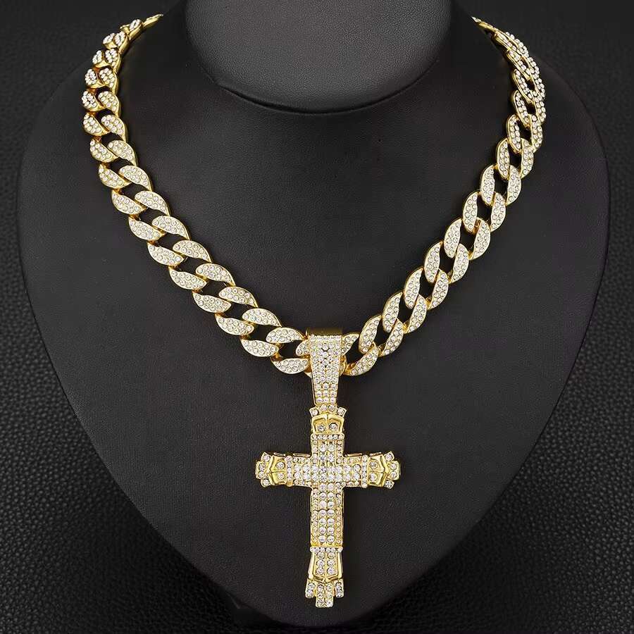 DHcollection Iced Out 15mm Width Cuban k Chain With Hip Hop Alloy and Rhie Big Buckle Cross Pendant Necklace