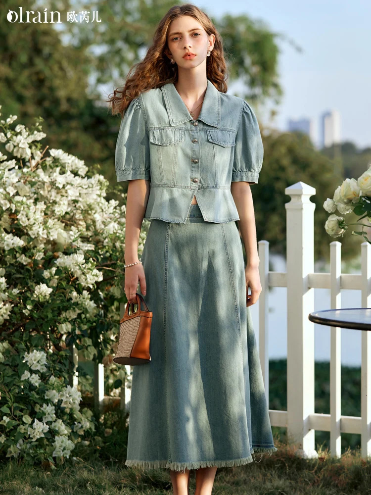 OLrain Retro Denim Technology Set Lyocell Short Sleeve Puff Top Washing Aline Technology 2025 SpringSummer Two Piece O24XE90921 250414Z