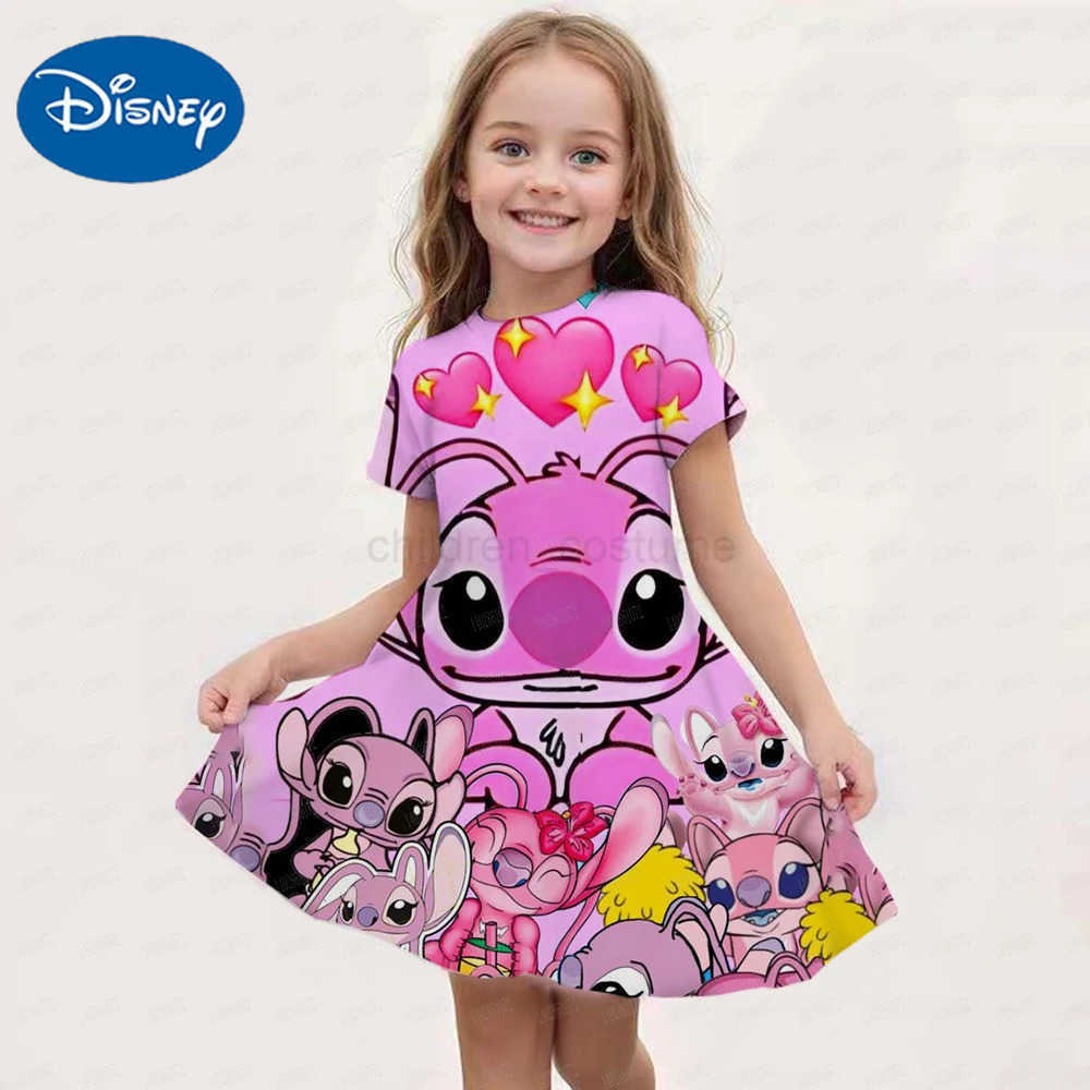 Disney Summer Disney Stitch And Angel Dress For Girls Women Short Sleeve Costume Princess Party Dresses Children Skirt Toddler Clothes W20250416